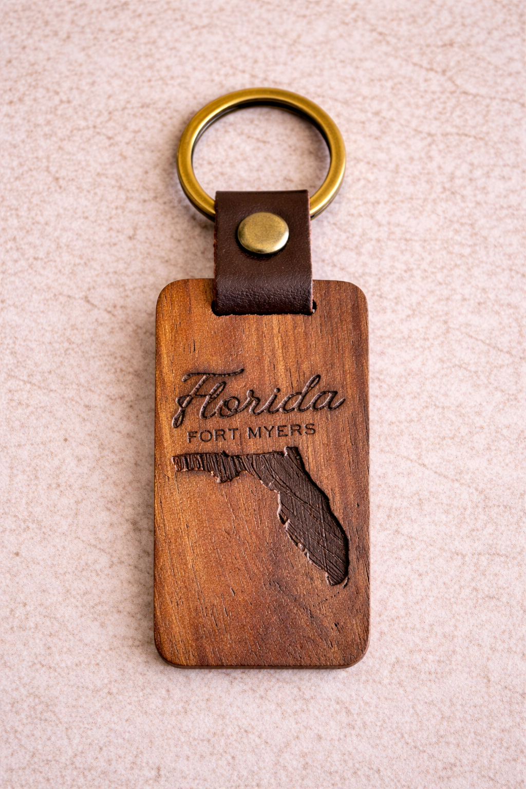 Laser Engraved Leather & Wood Keychain