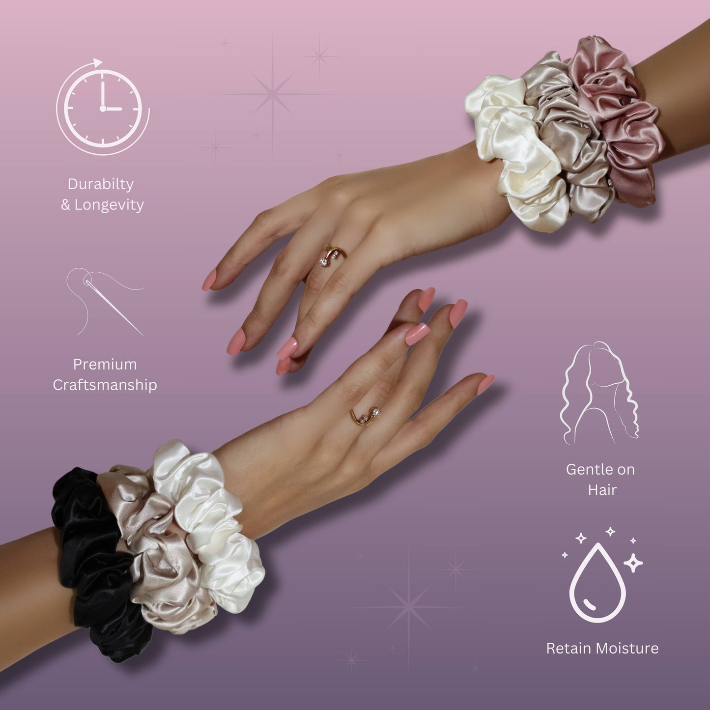 Silk Scrunchie Set – Blush, Beige & Black