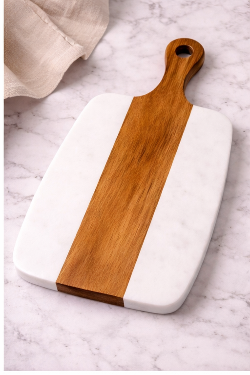 Wooden & Marble Cutting Board with Handle - White