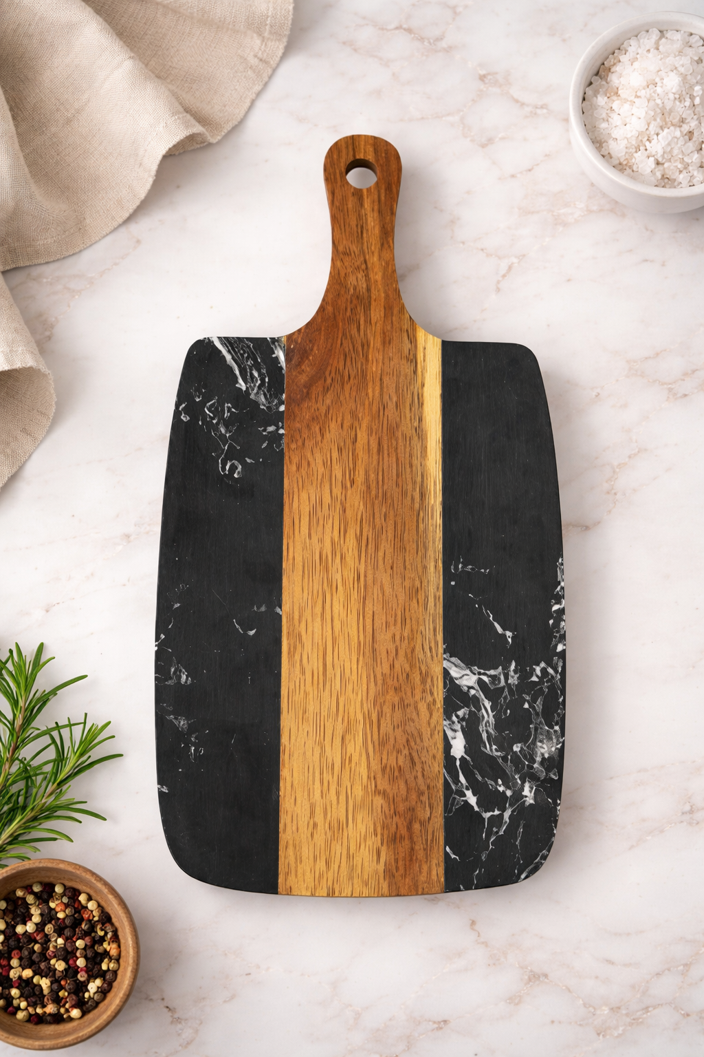 Wooden & Marble Cutting Board with Handle - Black