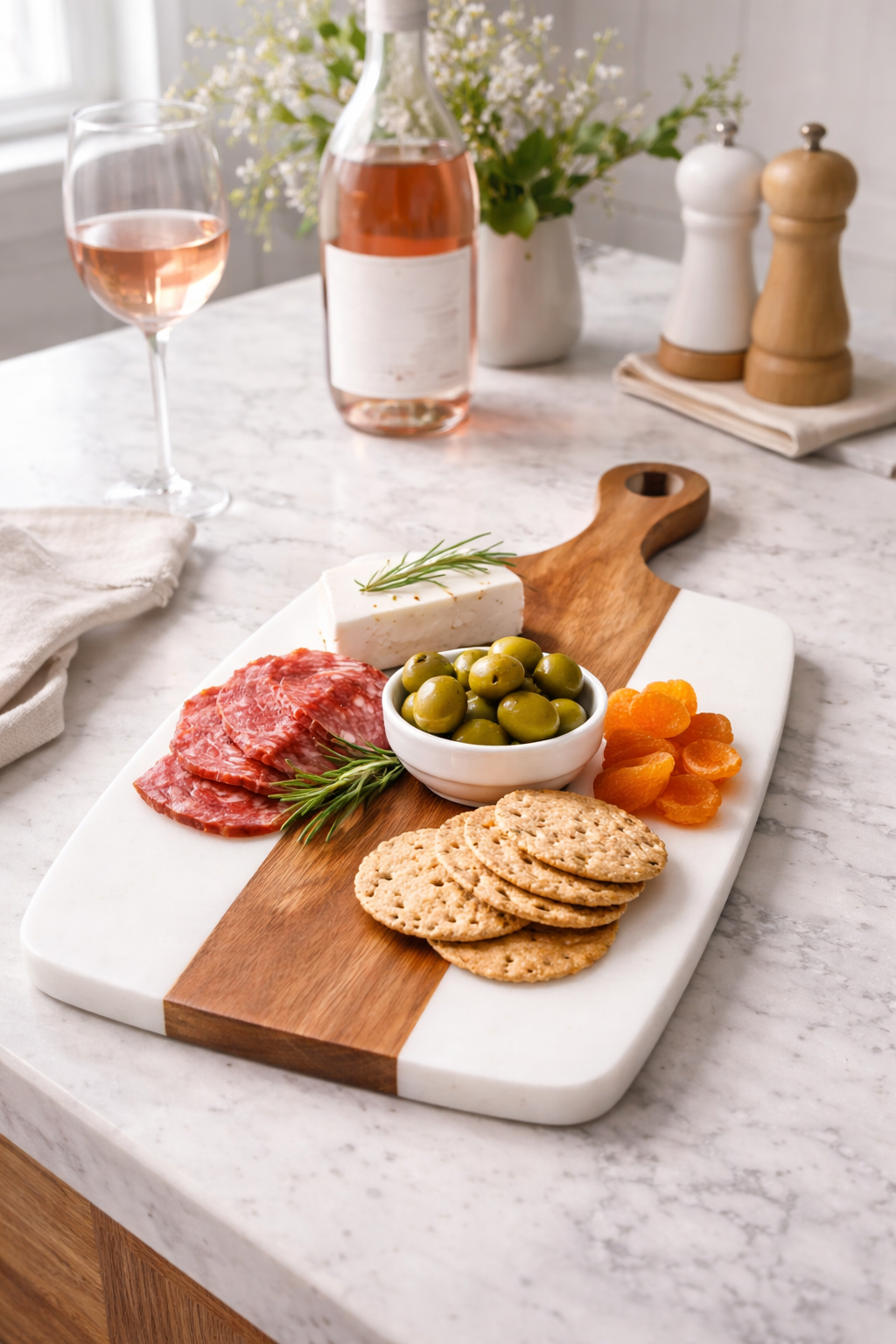 Wooden & Marble Cutting Board with Handle - White