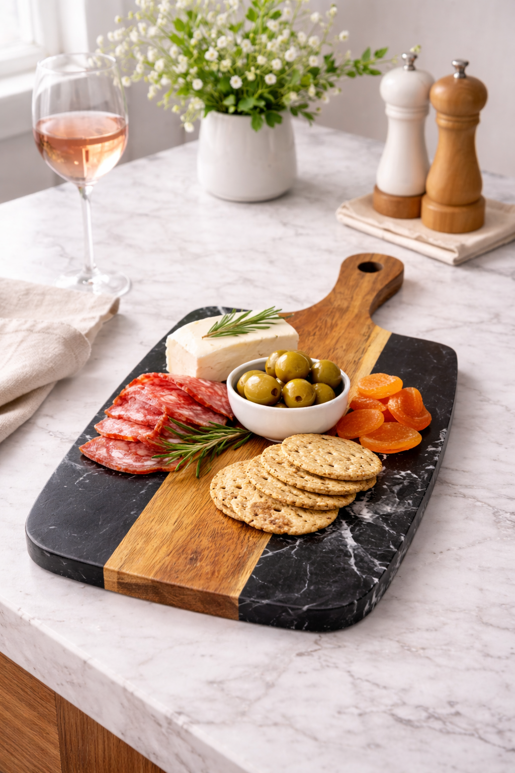 Wooden & Marble Cutting Board with Handle - Black