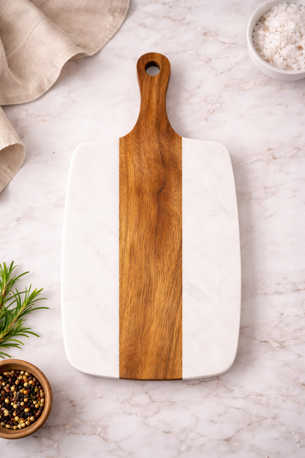 Wooden & Marble Cutting Board with Handle - White