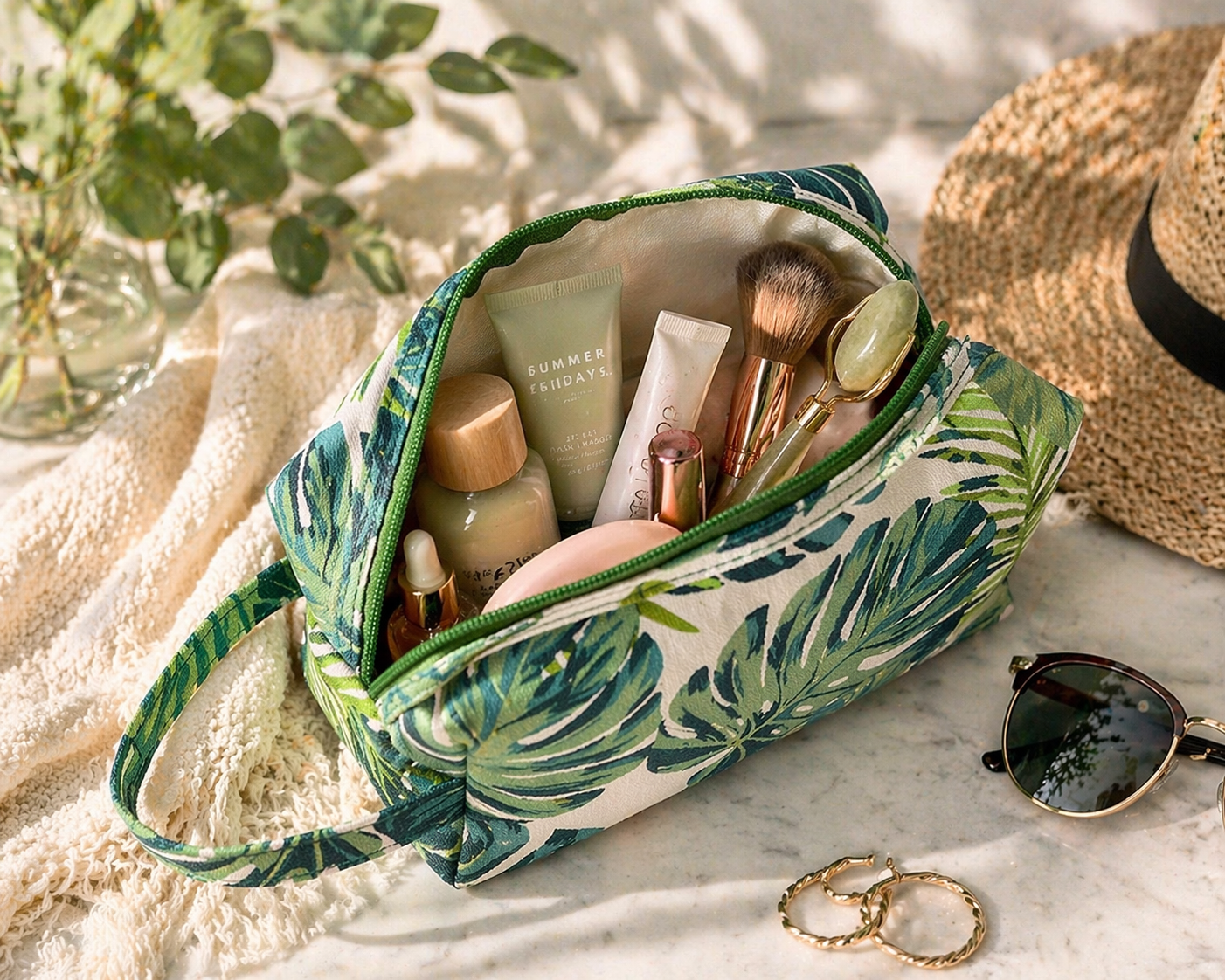 Tropical Leaf Canvas Cosmetic Bag