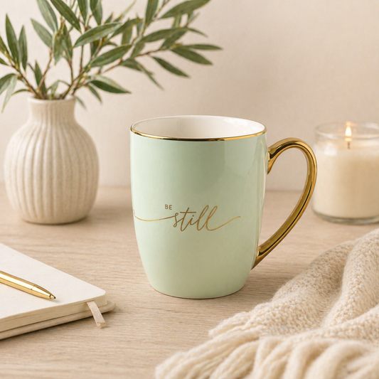Ceramic Mug – Be Still & Know (Mint/Gold)