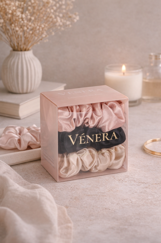 Silk Scrunchie Set – Blush, Beige & Black