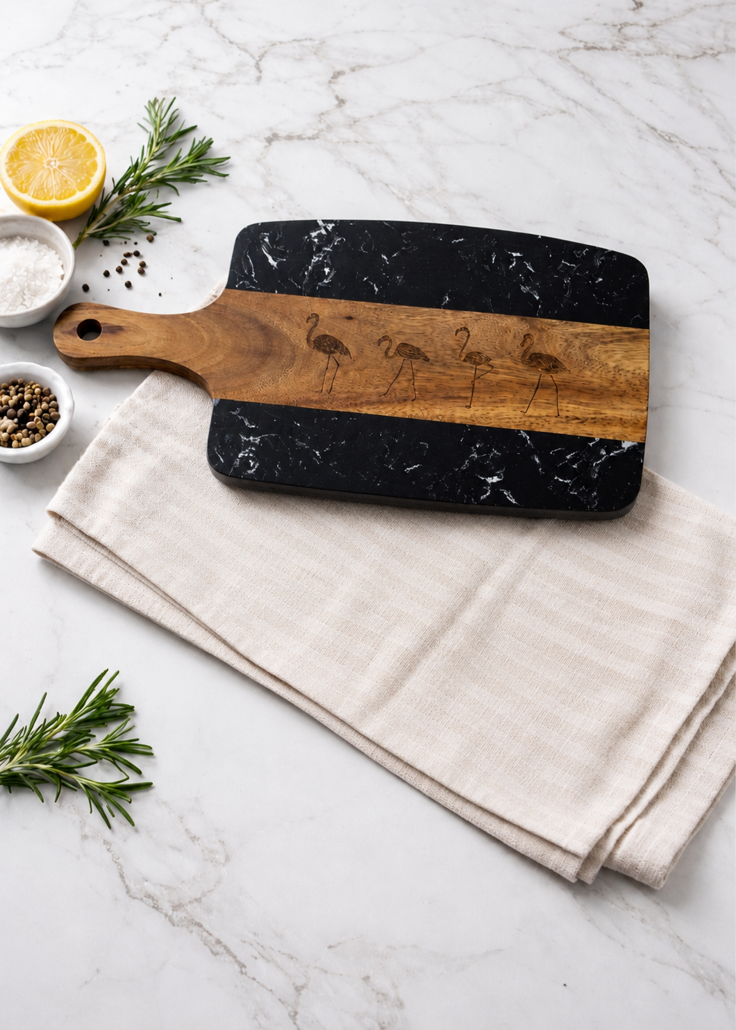 Engraved Wooden & Marble Cutting Board – FLAMINGO (Black)