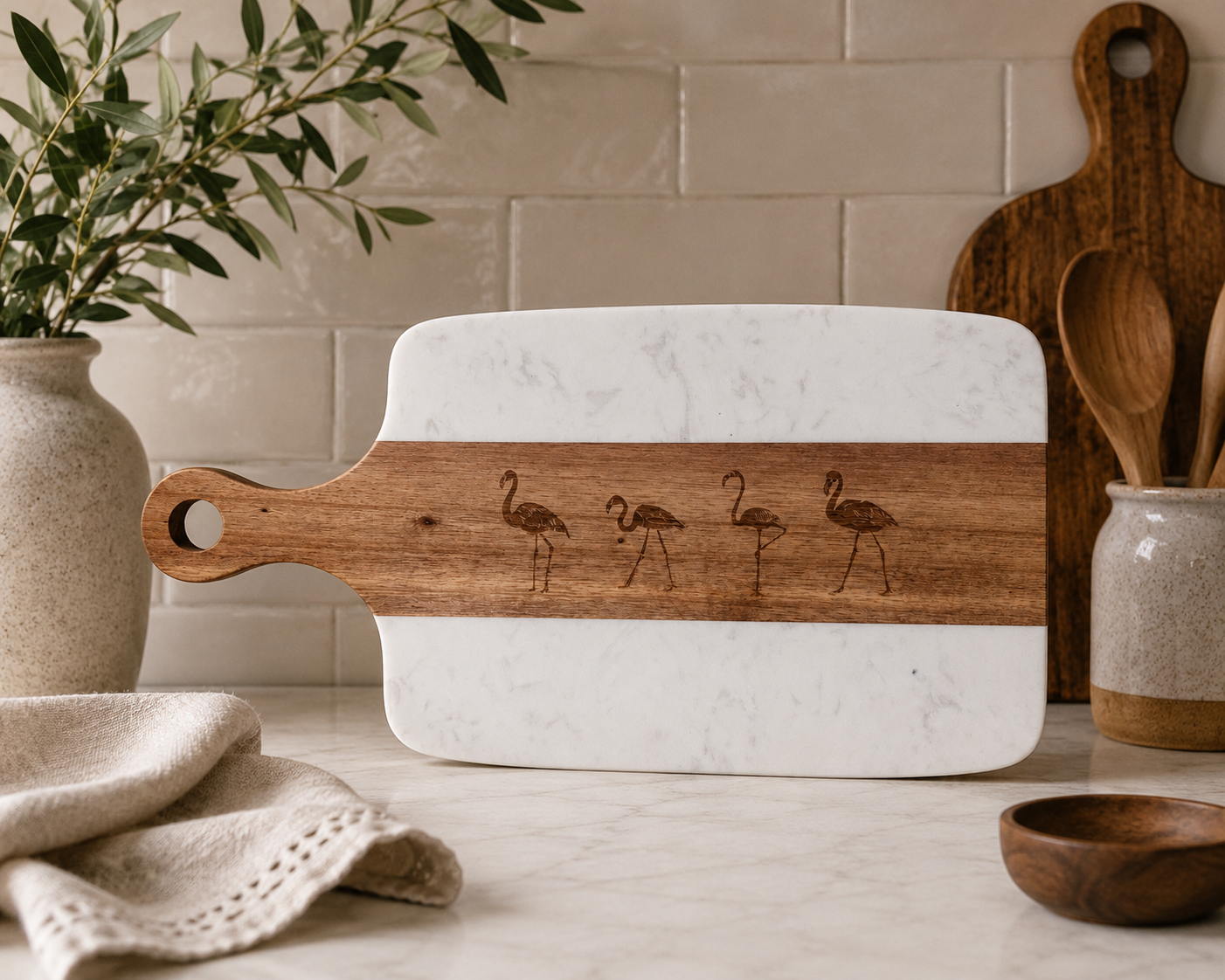 Engraved Wooden & Marble Cutting Board -  FLAMINGO (White)