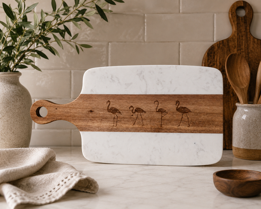 Engraved Wooden & Marble Cutting Board -  FLAMINGO (White)