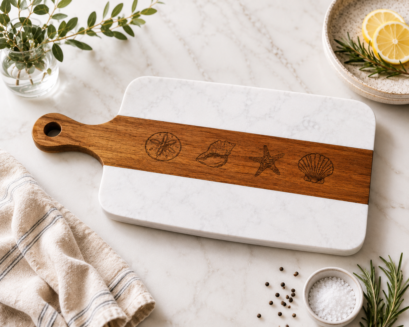 Engraved Wooden & Marble Cutting Board - SEASHELLS (White)