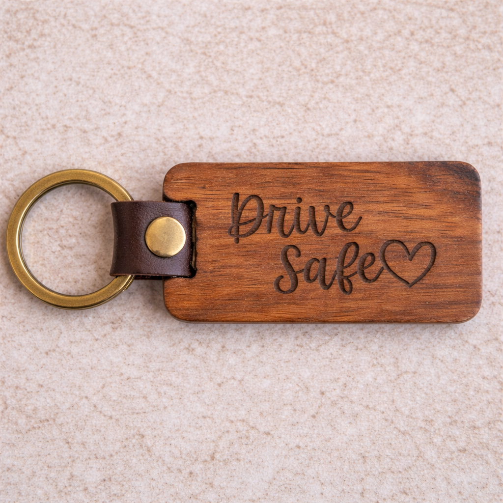 Laser Engraved Leather & Wood Keychain