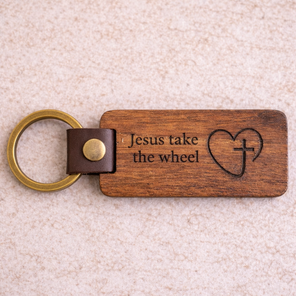 Laser Engraved Leather & Wood Keychain
