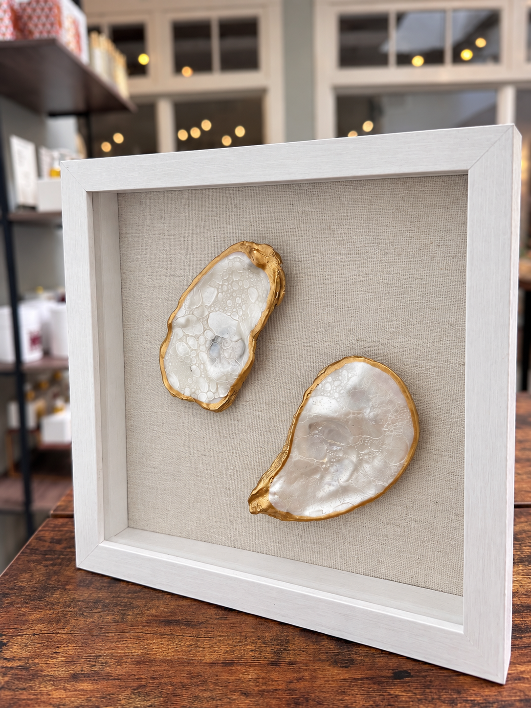 Pearlescent Bubble Double Oyster Shell Art | 9" × 9" Whitewashed Shadow Box