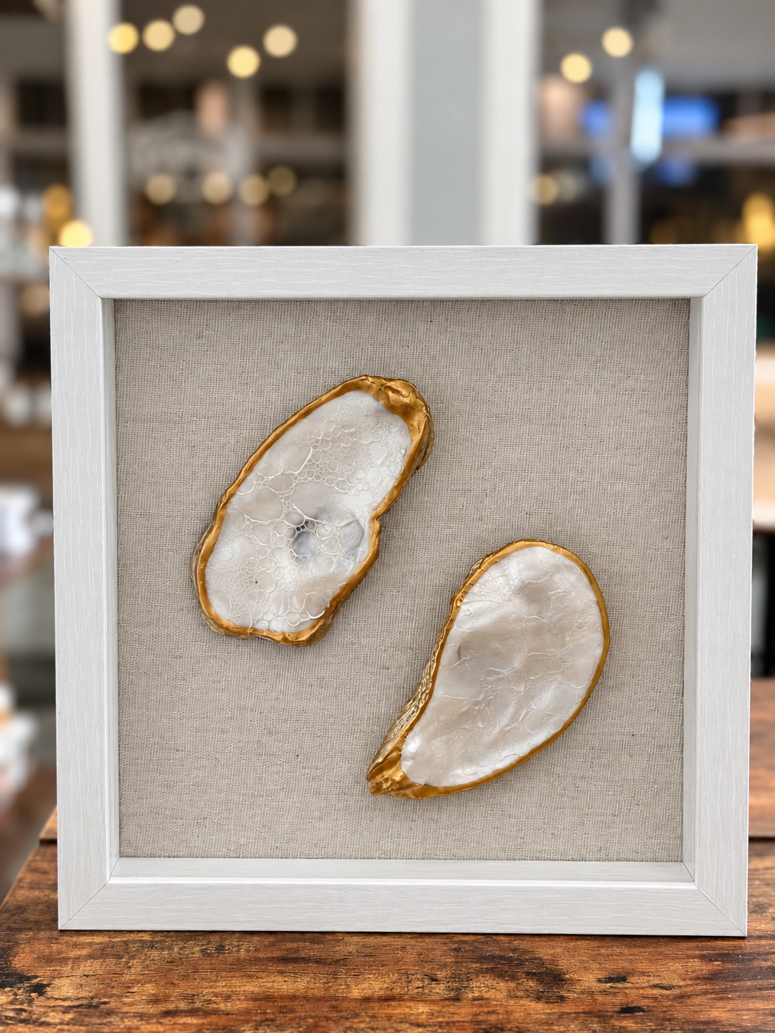 Pearlescent Bubble Double Oyster Shell Art | 9" × 9" Whitewashed Shadow Box