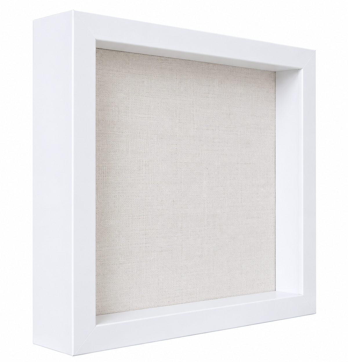 Empty 9x9 whitewashed shadow box with linen-textured backing