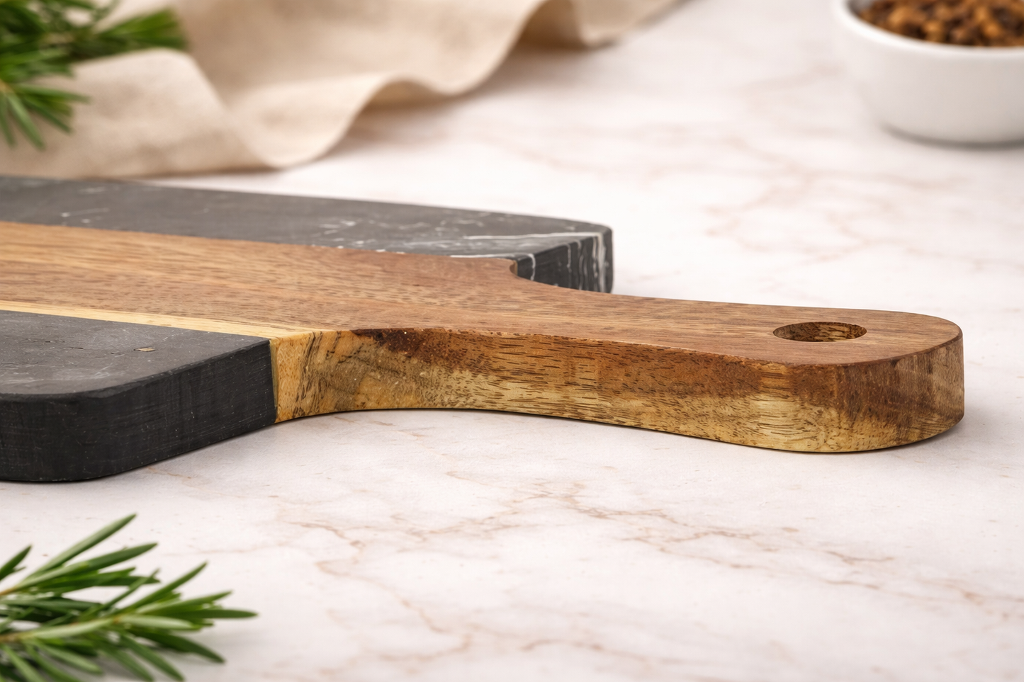 Wooden & Marble Cutting Board with Handle - Black