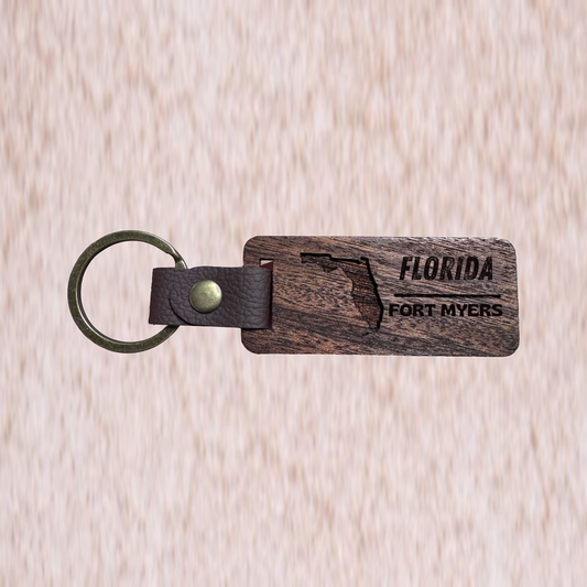 Laser Engraved Leather & Wood Keychain